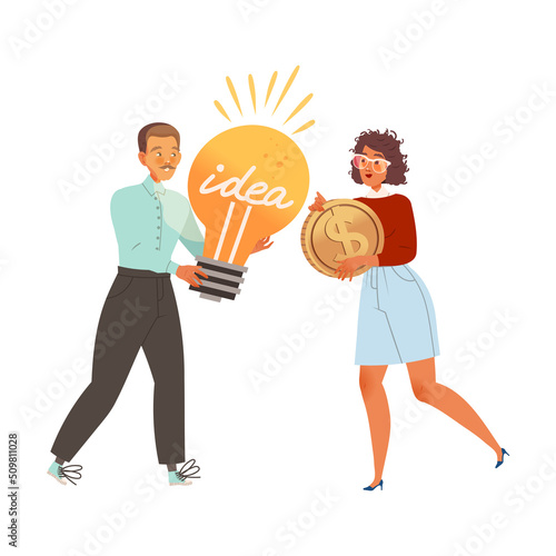 Man and Woman Exchanging Light Bulb for Money as Smart Idea and Solution Vector Illustration