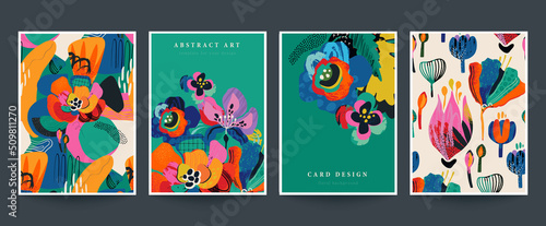 Set of four vector pre-made cards or posters in modern abstract style with nature motifs, flowers, leaves and hand drawn texture. photo