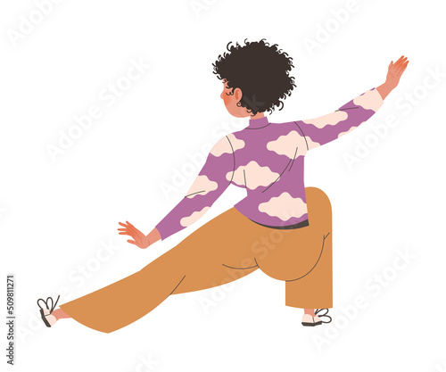 Young Woman Character Practicing Tai Chi and Qigong Exercise as Internal Chinese Martial Art Vector Illustration