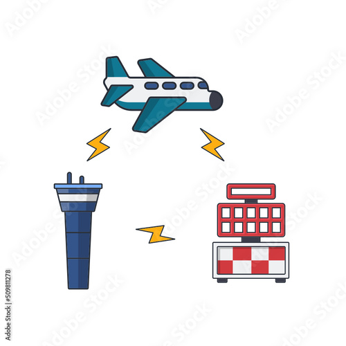 Collection colored thin icon of aviation communication ,airplane, radar, ATC tower, transportation or technology concept vector illustration.
