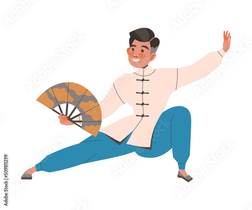Smiling Man Character Practicing Tai Chi and Qigong Exercise in Kimono with Fan Vector Illustration