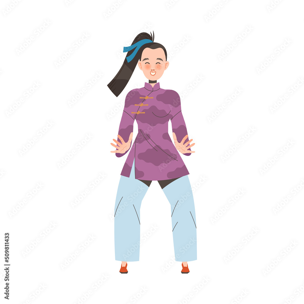 Tai Chi Practice with Woman in Kimono Doing Qigong Exercise as Internal Chinese Martial Art Vector Illustration Tai Chi Practice with Woman in Kimono Doing Qigong Exercise as Internal Chinese Martial Art Vector Illustration
