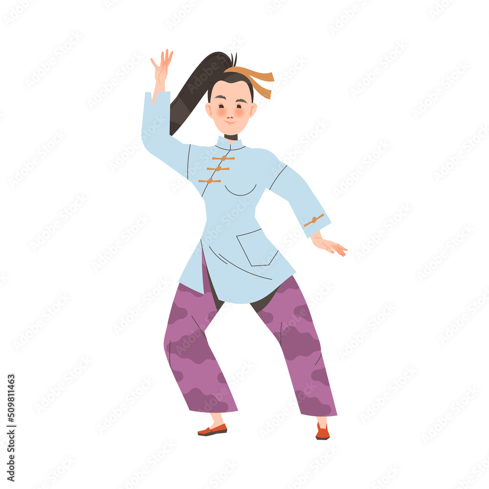 Fototapeta premium Tai Chi Practice with Woman in Kimono Doing Qigong Exercise as Internal Chinese Martial Art Vector Illustration