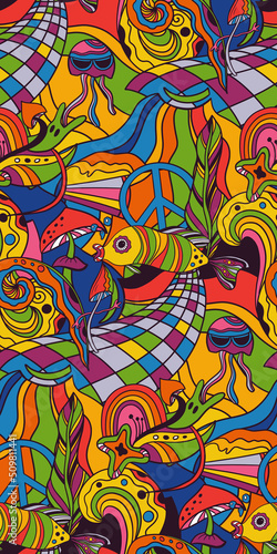 Vector retro colorful psychedelic seamless pattern in 1970s style