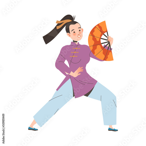 Tai Chi Practice with Woman in Kimono with Fan Doing Qigong Exercise as Internal Chinese Martial Art Vector Illustration