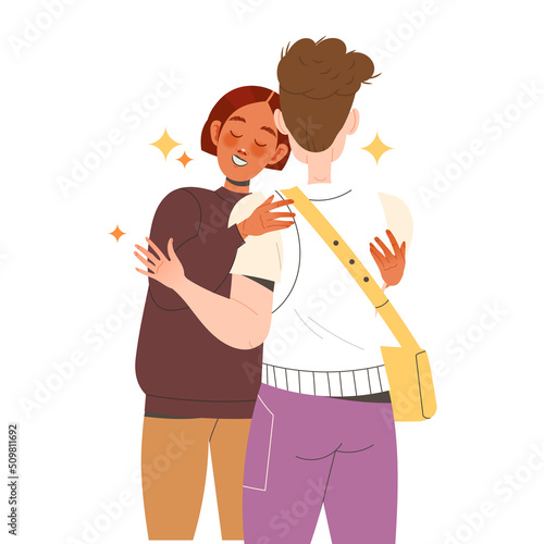 Man and Woman Friend Hugging Meeting Each Other Feeling Joy Vector Illustration