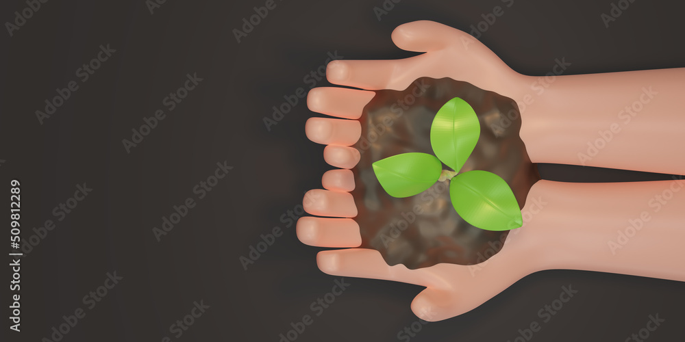 Two Hands holding young plants on the soil. Plant in hand on black background. Plant sapling on hand Top view. Copy space for texts. Eco, earth day, Forest conservation concept. 3d render illustration Two Hands holding young plants on the soil. Plant in hand on black background. Plant sapling on hand Top view. Copy space for texts. Eco, earth day, Forest conservation concept. 3d render illustration