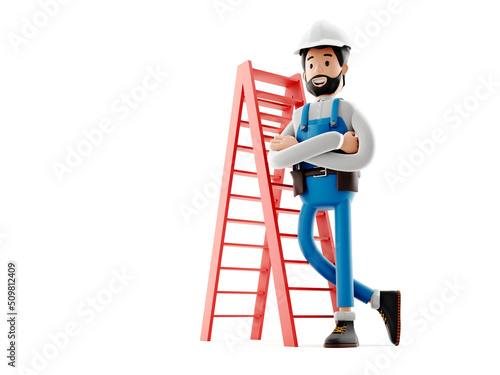 Cartoon builder character guy, funny worker or engineer with ladder, 3d Rendering