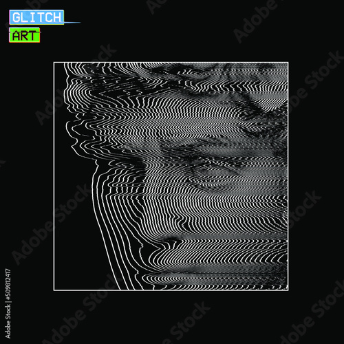 Vector abstract glitch art illustration from 3D rendering of classical sculpture eyes and face close up in corrupted CRT TV style oscillator white line halftone style on black background.