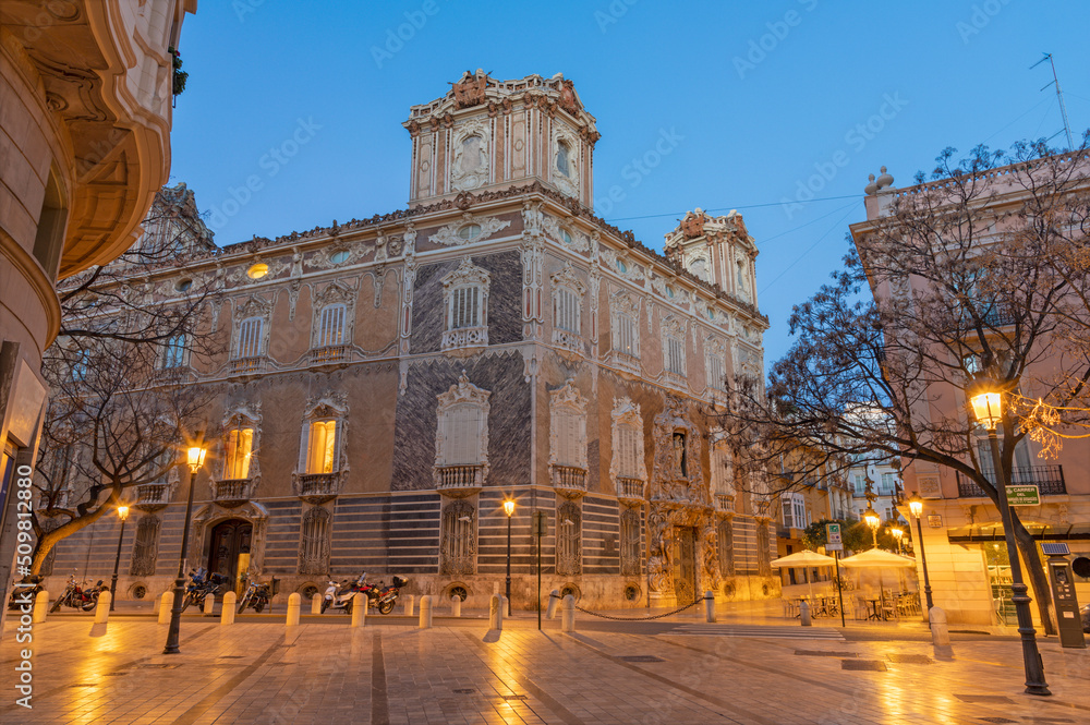 Valencia - The baroque Palace - Palace of the Marques de Dos Aguas at dusk.