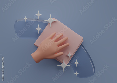 Hand holding washcloth icon housekeeping. Hand cleaning on a blue background. Cleaning napkin glyph icon. 3D render symbol. Windows cleaning cloth. Surface wiping, disinfection. 3D rendering. photo
