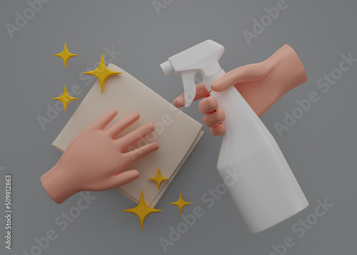 Hand holding washcloth with spray bottle icon housekeeping. Hand cleaning on a gray background. Cleaning napkin and Foggy bottle glyph icon. 3D render symbol. Windows cleaning cloth. 3D rendering. photo