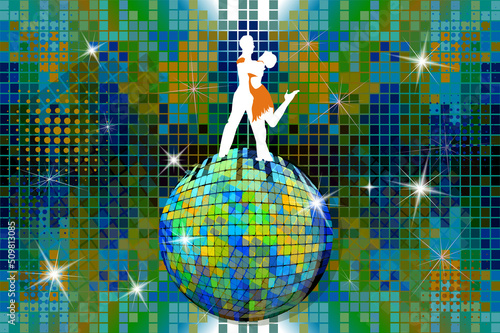 Abstraction. People dance on a mirror ball. Vector illustration