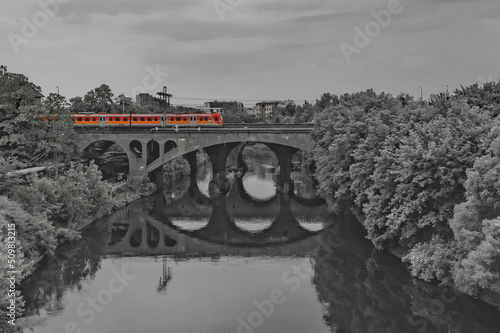 bridges over the Brda River, red train, black and white