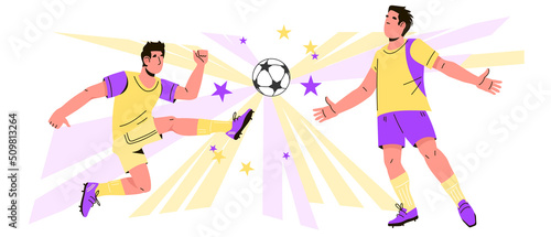 Soccer or football match tournament backdrop with male players. Football championship and sport match banner or flyer layout, flat cartoon vector illustration isolated on white background.