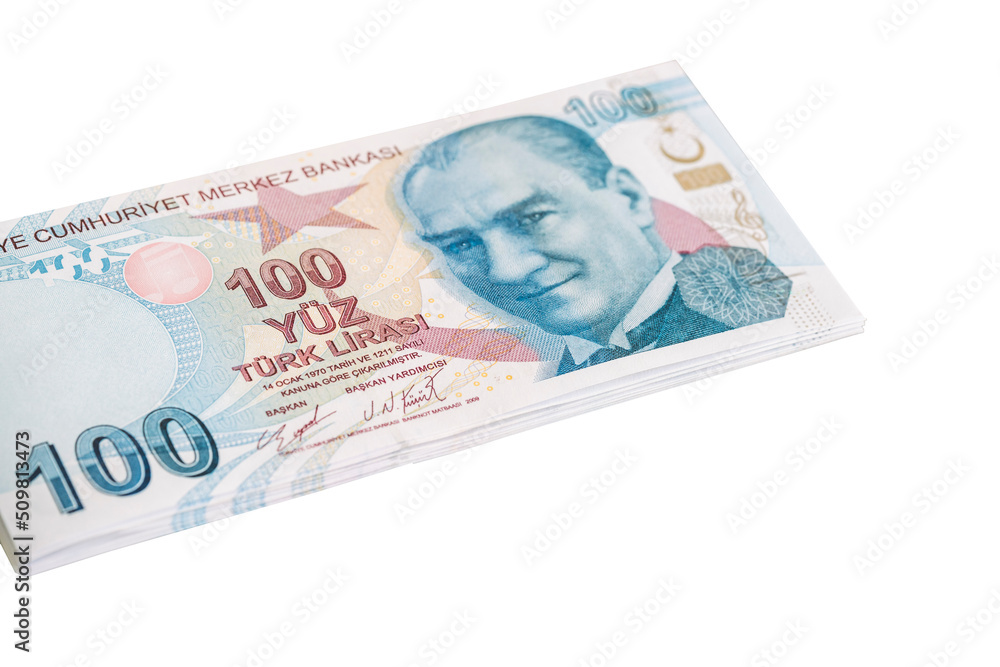 hundred turkish lira banknotes isolated on white background. currency of turkey