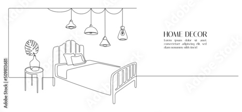 Continuous one line drawing of bed and table with plant and loft hanging lamps. Scandinavian furniture for cozy bedroom in simple linear style. Editable stroke. Doodle vector illustration