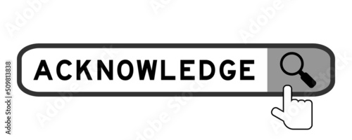 Search banner in word acknowledge with hand over magnifier icon on white background
