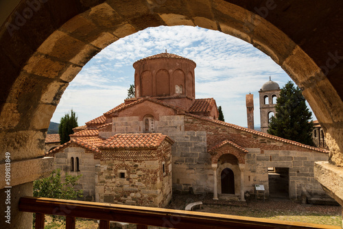 Byzantine Abbey of Pojan, Saint Mary Orthodox Church and Monastery viewed through arches, Apollonia Archaeological Park, Pojani Village, Illyria, Albania photo