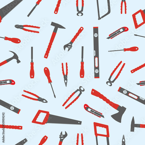 Hand working tools. Seamless pattern. Hand-held working tools set. Repair home and construction tools collection. Silhouettes. Pliers. Hacksaw. Screwdriver. Hammer. Flat vector illustration. Isolated