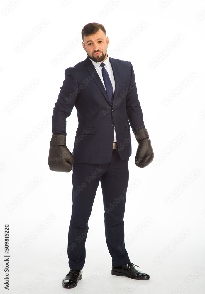 businessman in a business suit and boxing gloves posing on a white background isolated in full growth with a variety of emotions businessman in a business suit and boxing gloves posing on a white background isolated in full growth with a variety of emotions