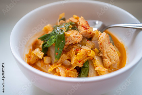 Spicy pork bowl with Napa cabbage, onion, garlic, and scallion, the Korean dish