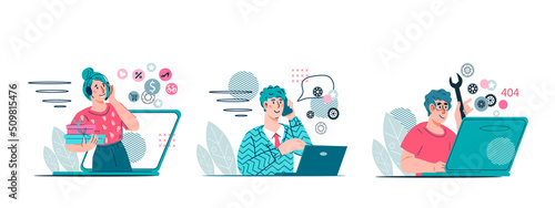 Customer support service or telemarketing call operators staff. Call center and clients online support agents or telemarketers team, cartoon flat vector illustration isolated on white background.
