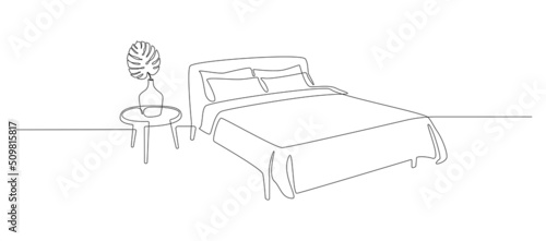 Continuous one line drawing of bed and table with vase and monstera leaf. Scandinavian stylish furniture for cozy loft bedroom in simple linear style. Editable stroke. Doodle vector illustration