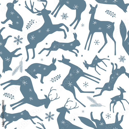 Seamless pattern with silhouettes of wild forest animals, leaves. Natural winter ornament with hares, foxes, deer, snowflakes. Vector graphics.