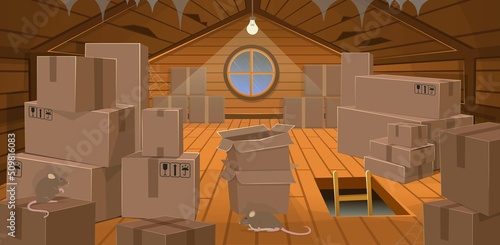 Interior flooded the wooden attic with boxes, a window, stairs and rats. Vector illustration of cartoon style.