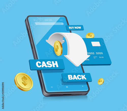 Arrow revolves around gold coin on smartphone screen and CASH BACK promotion text pop up at  bottom and has credit card inserted mobile phone next to it,vector 3d isolated for online shopping design