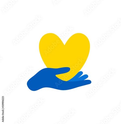 Blue Hand holding yellow heart of Ukraine. Stop war in Ukraine. Protection from Russian invaders. Encourage donate. Concept idea of donation and help