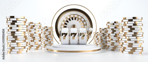 Modern White And Golden Casino Gambling Concept. Roulette Wheel, Slot Machine And Casino Chips On White Background - 3D Illustration	