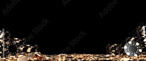 Casino Chips And Coins, Modern Black And Golden Isolated On The Empty Space Black Background - 3D Illustration