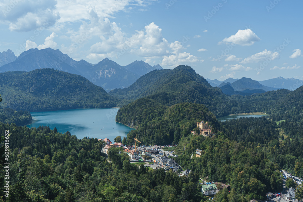 Lake in the mountains, Bavaria Alps with castle, Beautiful view in Alps in summer, neuschwanstein castle view, View from above to the castle, View in Bavaria Alps from the top, Mountains and lake