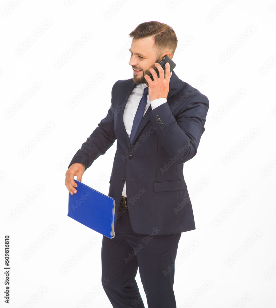young businessman in a suit and with a blue folder without inscriptions and a phone posing with different emotions on a white background in the studio isolated in full growth young businessman in a suit and with a blue folder without inscriptions and a phone posing with different emotions on a white background in the studio isolated in full growth