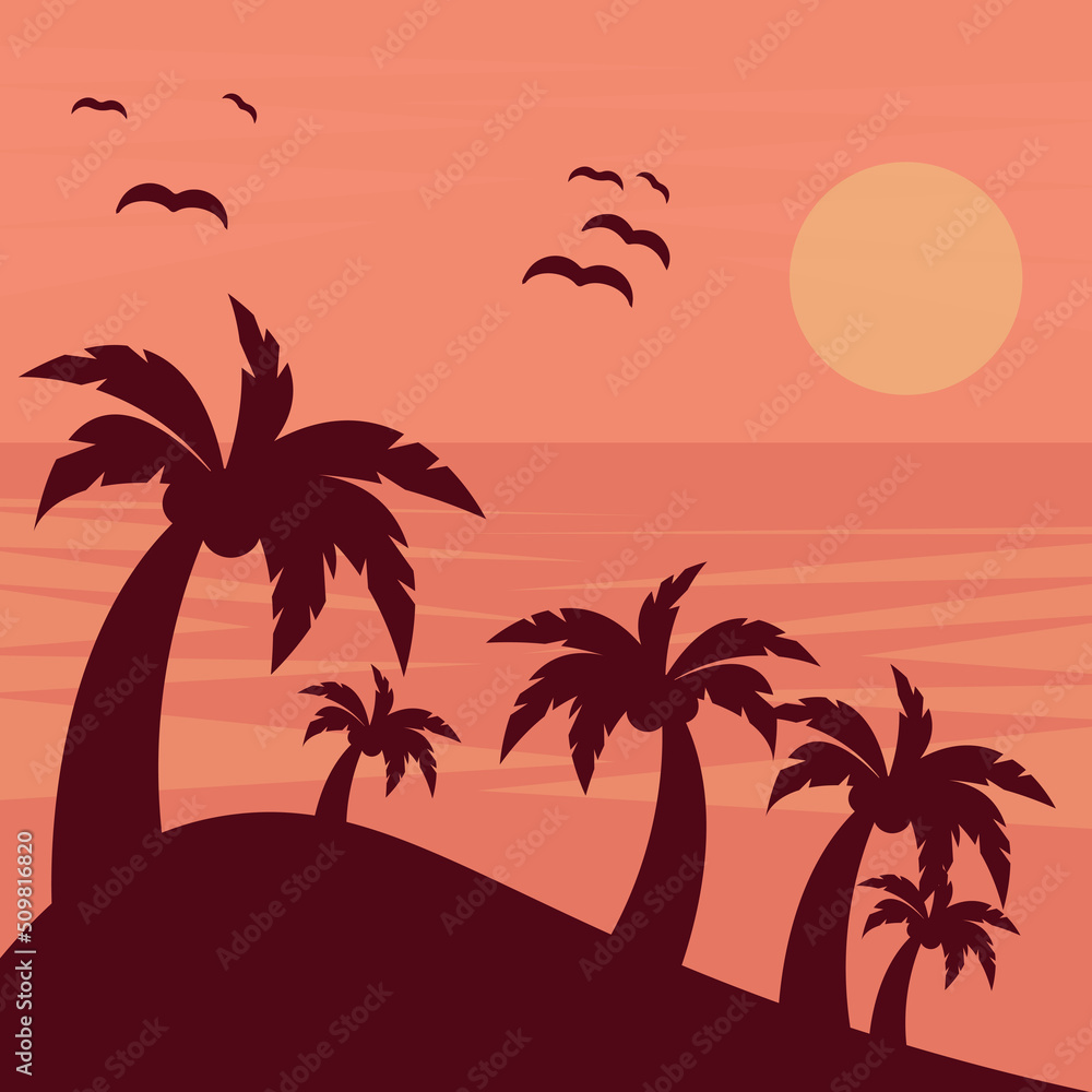 Summer travel background. Sunset sunset with palm trees in shade and birds. Vector illustration.