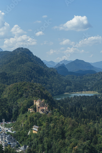 Castle in the mountains, Bavaria Alps with castle, Beautiful view in Alps in summer, Neuschwanstein castle view, View from above to the castle, View in Bavaria Alps from the top, Mountains and Castle