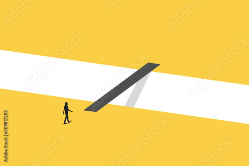 Business woman cross the bridge vector concept. Symbol of ambition, solution, success, career promotion and achievement