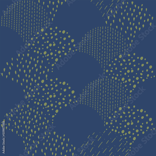 Vector illustration. Children's drawing. Spotted green and blue background. Geometric abstract pattern of hand-drawn shapes. Filled and linear organic forms.