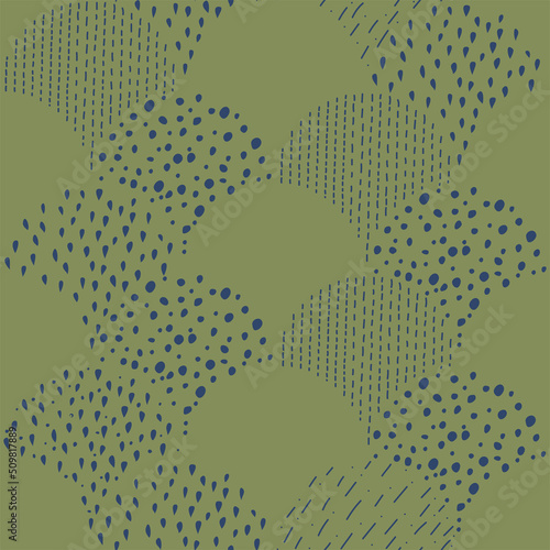 Vector illustration. Children's drawing. Spotted green and blue background. Geometric abstract pattern of hand-drawn shapes. Filled and linear organic forms.