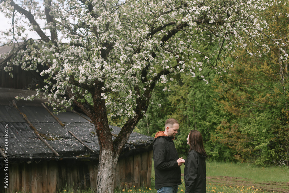 Sensual woman and man in cherry bloom. Couple in love in blossoming garden in spring. Love and romance, relationship, happy family outdoors Sensual woman and man in cherry bloom. Couple in love in blossoming garden in spring. Love and romance, relationship, happy family outdoors