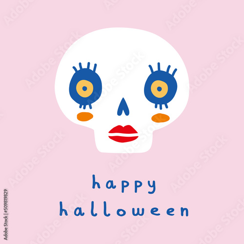 Cute Hand Drawn Halloween Card with White Lady Skull on a Pastel Pink Background. Blue Handwritten Happy Halloween. Skull with red Lipstick and Blue Eyes. Cool Infantile Style Spooky Party Print 
