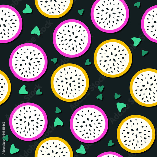 Pitaya seamless pattern. Pink and yellow pitahaya slices. Doodle scandinavian style. Yummy dragon fruits isolated on dark background. Vector illustration for fabric, wrapping paper, package, menu