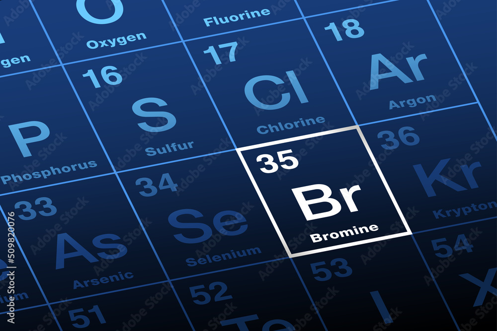 Bromine on the periodic table of the elements. Halogen and chemical