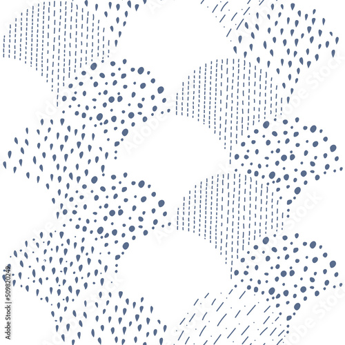 Vector illustration. Children's drawing. Spotted white and blue background. Geometric abstract pattern of hand-drawn shapes. Filled and linear organic forms.