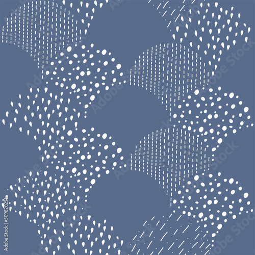 Vector illustration. Children's drawing. Spotted white and blue background. Geometric abstract pattern of hand-drawn shapes. Filled and linear organic forms.