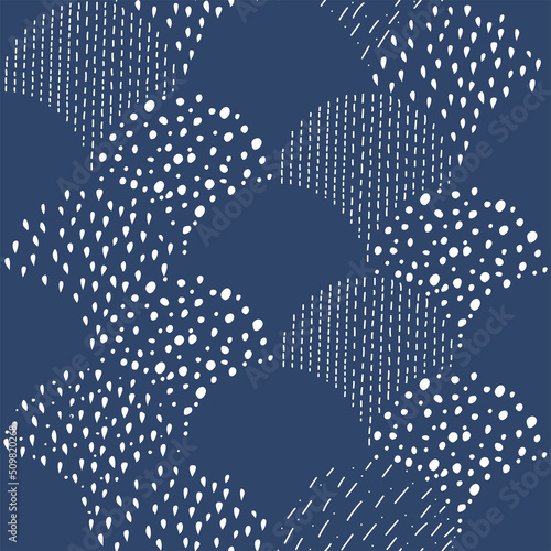 Vector illustration. Children's drawing. Spotted white and blue background. Geometric abstract pattern of hand-drawn shapes. Filled and linear organic forms.