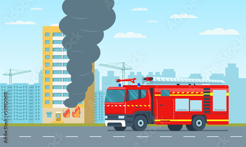 A fire truck drives towards a burning apartment building. Vector illustration.