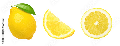 lemon fruit with leaves and half isolated on white background, Fresh and Juicy Lemon, collection